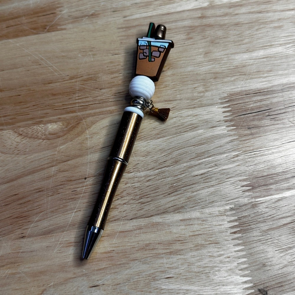Handmade Iced Coffee Beaded Pen Bronze Metallic Barrel with Tassel Charm